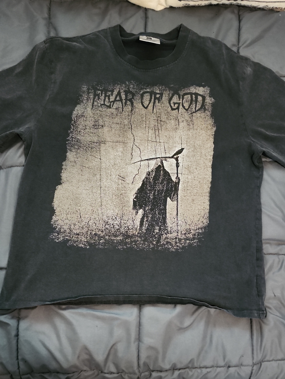 Fear of God Black Long-Sleeve Graphic Tee with Distressed White Print
